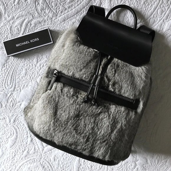 Michael Kors Grey Rabbit Fur Dark Leather Drawstring Backpack - Picture 1 of 7